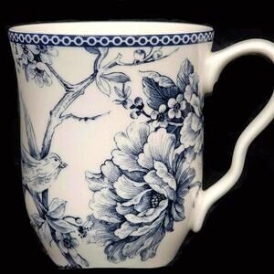 222 Fifth Adelaide Blue White Toile Coffee Mugs 4pc Birds Floral New Free Shippi